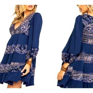 Free People $168 My Love Mini Indigo Dress Boho Hippie Cottagecore Women's Small